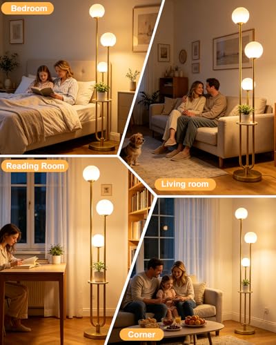 63IN Dimmable Floor Lamp with Shelf, Unique Globe Gold Tall Standing Lamps, 3000K Warmwhite Mid Century Modern Floor Lamp with 5Lbs Heavy Base for Living Room Home Office(Bulbs Included) - color: 3 Globe-Gold Shelf
