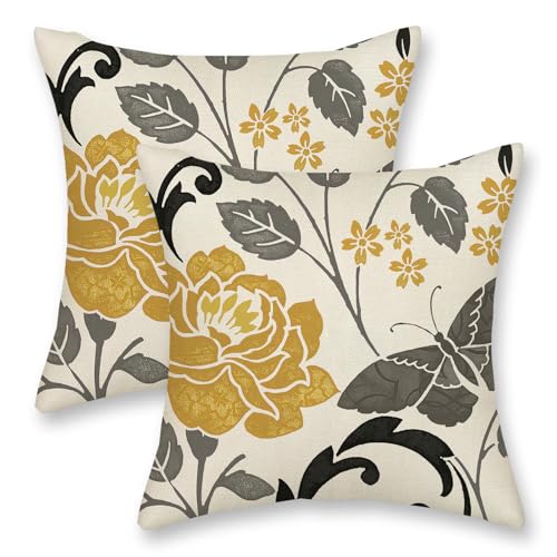 Spring Pillow Covers 16x16 Inch 2 Pcs Mustard Yellow Vintage Floral Decor Throw Pillows Grey Butterfly Flower Leaves Seasonal Outdoor Decoration Pillowcase Linen Cushion Cover for Couch Sofa - color: Yellow Grey Butterfly Flower, size: 16" x 16" (Pack of