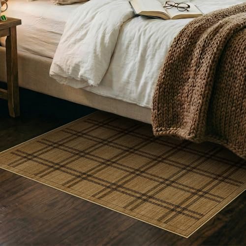 Jute 2x3 Entryway Area Rugs: Washable Non Slip Throw Rugs with Rubber Backing Pet-Friendly Small Rugs Stain Resistant Carpet for Kitchen Dining Room Laundry Porch Doorway Brown Plaid - color: Brown Plaid, size: 2' x 3' (Rectangular)