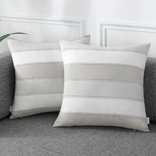 AmHoo Pack of 2 Farmhouse Stripe Check Throw Pillow Covers Set Case Cotton Linen Decorative Pillowcases Cushion Cover for Couch Bench Sofa 16x16Inch Light Grey Beige - color: Light Gray Beige, size: 16" x 16" (Pack of 2)