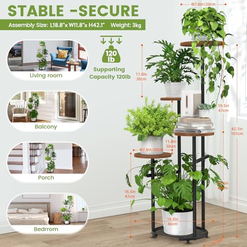 TOSKING 5 Tier Thickened Metal Plant Stand Indoor,Plant Shelf, Corner Shelf, Flower Pot Stand for Multiple Plants, Indoor Plants Tiered Stand for Living Room Balcony Garden Patio Bedroom (Black and Brown, 42in) - color: Black and Brown, size: 5tier Rd Bas