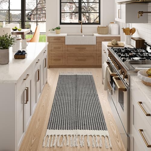 Lahome Belle Boho Rugs for Entryway, 2x5 Laundry Room Rug Lightweigh Cotton Washable Runner Rug with Tassels, Farmhouse Black Bath Door Mats Indoor Non Shedding Runners for Hallways Bedroom - color: Black, size: 2' x 5' (Runner)