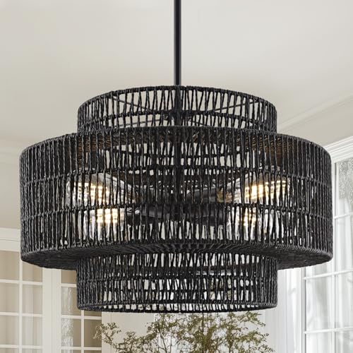 4-Light Black Boho Rattan Chandelier Light Fixture, 17.7” Hand Woven Rustic Chandeliers Farmhouse Chandelier Hanging Light for Dining Room Kitchen Island, Living Room, Foyer - color: Black, size: 17.7" 4-Light