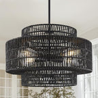 4-Light Black Boho Rattan Chandelier Light Fixture, 17.7” Hand Woven Rustic Chandeliers Farmhouse Chandelier Hanging Light for Dining Room Kitchen Island, Living Room, Foyer - color: Black, size: 17.7" 4-Light