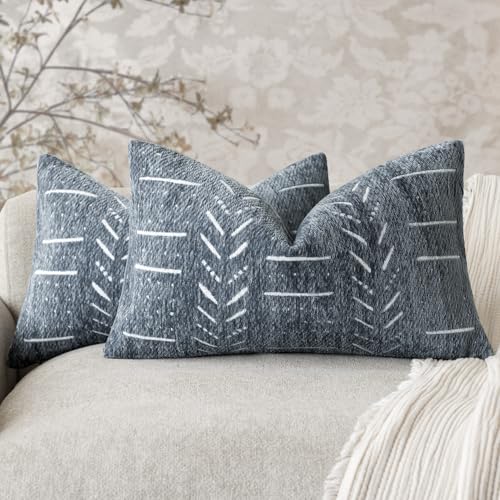 Home Décor Decorative Boho Chenille Throw Pillow Covers,Neutral Lumbar Cushion Covers,Textured Soft Farmhouse Pillowcase for Couch Sofa Chair Bed Living Room,12×20 Inch, Set of 2, Dusty Blue - color: Dusty Blue, size: 20" x 12" (Pack of 2)