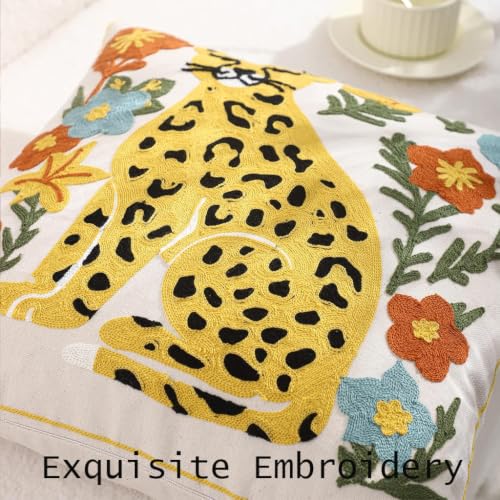 Embroidered Throw Pillow Covers 18x18 Pack of 2 Yellow Leopard Pillow Covers Green Leaves with Floral Pillowcases Boho Pillow Cushion Cases Square Flower Pillowcase Summer Home Decor - color: Yellow Leopard
