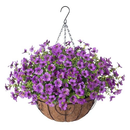 Ammyoo Artificial Faux Hanging Plants Flowers Basket for Spring Outdoor Decoration, Fake Silk Daisy UV Resistant Look Real with Eucalyptus Leaves Summer Outside Decor for Home Patio Garden - color: Purple