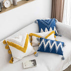 Geometric Embroidery Tufted Lumbar Throw Pillow Covers 12x20 Inch Farmhouse Cotton Canvas Woven Tufted Tassel Cushion Covers Home Decor (Blue,12"x20")