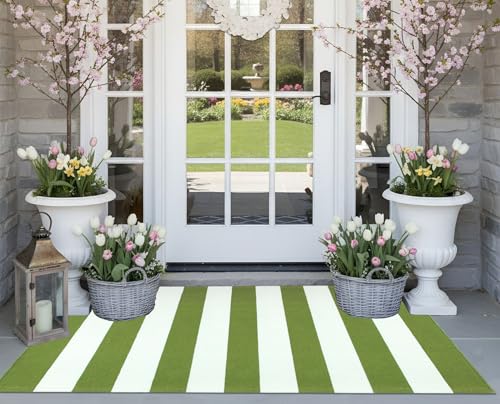 Front Porch Rug 24"x51",Green and White Striped Outdoor Rug Layered Doormat Cotton Woven Washable Indoor Outdoor Farmhouse Small Area Rug for Porch/Entryway/Home Entrance Decor - color: Green White, size: 2' x 4'3" (Rectangular)