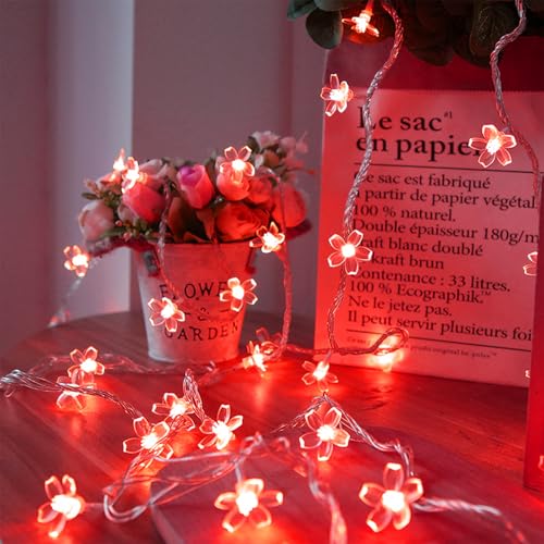 Battery & USB Operated 10ft Red Cherry Blossom Flower Fairy Lights String | Cute Flower String Lights With Timer For Bedroom, Party, Wedding, Christmas, Easter Tree Branch Hanging Romantic Decorations - color: 10ft Red Flower Lights
