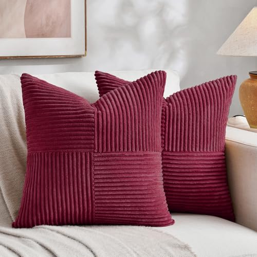 Fancy Homi 2 Packs Burgundy Samll Decorative Throw Pillow Covers 12x12 Inch with for Living Room Couch Bed, Rustic Farmhouse Boho Home Decor, Soft Corss Patchwork Corduroy Square Cushion Case 30x30 cm - color: Burgundy, size: 12" x 12" (Pack of 2)
