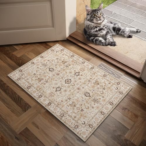 Machine Washable Entryway Small Area Rugs: Soft Non-Slip Low Pile Door Mat Indoor Entrance 2x3 ThrowRug for High-Traffic Areas Kitchen, Hallway, Farmhouse Decor - color: Beige/Khaki/Multi, size: 2'x3'