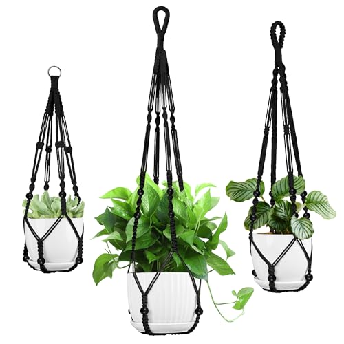 Macrame Plant Hanger - Fits 4-13 Inch Pots, 35"/29"/23" Different Sizes Set, Hanging Planter Holder for Indoor Outdoor, Cotton Rope Boho Home Decor, Black - color: Black, size: 35+29+23in
