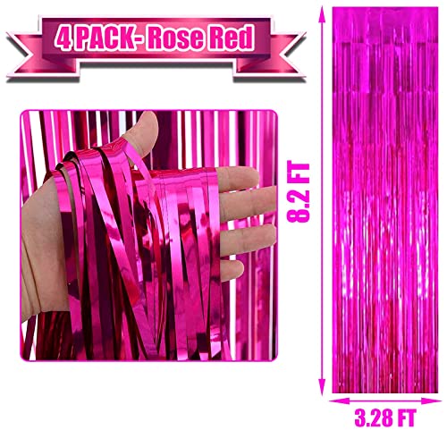 4 Pack Fuchsia Foil Fringe Curtain Backdrop,3.28Ft x 8.2Ft Metallic Tinsel Foil Fringe Streamer Curtains for Party,Photo Booth Props,Birthday,Graduation Decoration Party Supplies - color: Fuchsia