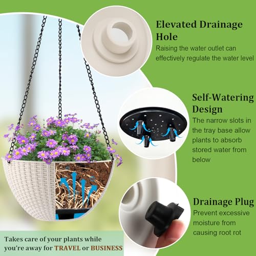 RooTrimmer Hanging Planters for Indoor Outdoor Plants 8 and 10 Inch, 4 Packs Hanging Flower Pot with Drainage Holes, Self-Watering Hanging Basket Perfect for Home, Office and Garden, White - color: White, size: 2p*8"+2p*10"