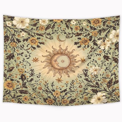 Riyidecor Boho Sun and Moon Tapestry 80Wx60H Inch Green Bohemian Retro Floral Flower Leaves Plant Botanical Vintage Hippie Rustic Wall Hanging Artistic Home Dorm Decor Art Living Room Bedroom - color: A-green, size: 60L" x 80W"