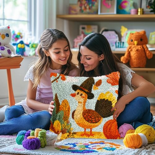 Latch Hook Pillow Kits for Adults Thanksgiving Day Turkey and Pumpkin DIY Pillow Cover Printed Pillowcase Crochet Hooking Yarns Handmade Cushion for Home Sofa Decoration 17x17inch(1) - color: 04-Turkey