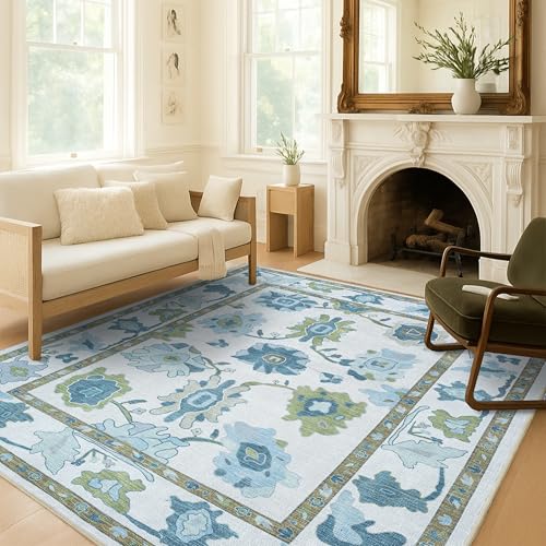 Fame Living Green Oushak Rug, Modern Small Rugs, Vintage, Turkish, Eclectic, Floral, Pastel, Washable, Door Mat, Doormat for Indoor Entrance, Entryway, Kitchen, Bathroom, Bedroom, Laundry, 2'x3' - color: Cream Green, size: 2' x 3' (Rectangular)