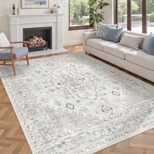 befbee 5x7 Area Rugs for Living Rooms, Stain Resistant Neutral Washable Rugs for Dining Rooms, Floral Vintage Non-Slip Thin Large Size Area Rug(Light Grey) - color: Light Grey, size: 5' x 7' (Rectangular)