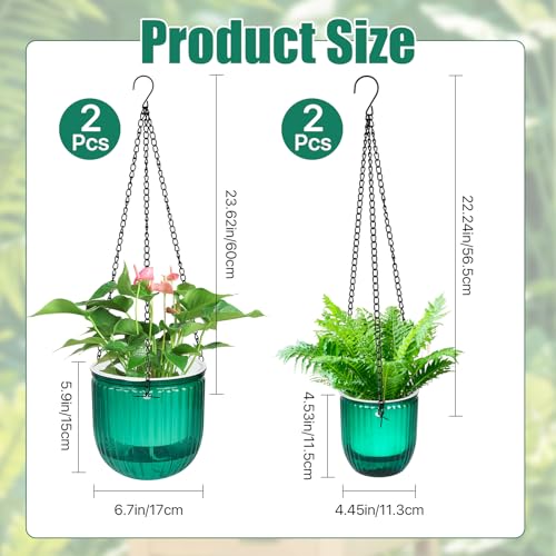 4Pcs Self Watering Hanging Planter, 6.5'' 4.5'' Hanging Plant Pots with Drainage Holes,Plastic Hanging Plant Flower Pots Baskets,Visible Hanging Planters for Indoor Plant Garden Home(Emerald)