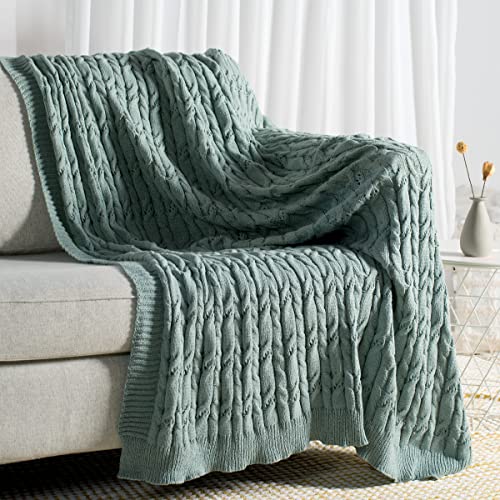 Carriediosa Cable Knit Throw Blanket Soft Textured Lightweight Farmhouse Decorative Throws Summer Knitted Woven Chenille Blankets for Couch Chair Bed Sofa, 50" X 60" Sage Green - color: Cable Knit - Sage Green, size: 50" X 60"