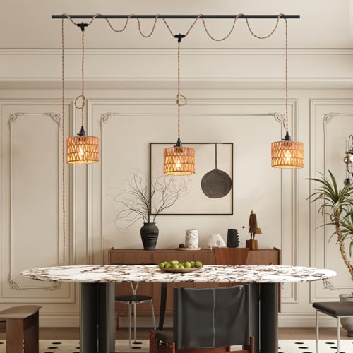 3-Light Hanging Light with Plug in Cord,Plug in Pendant Light 22ft Hemp Rope Pendant Lighting Vintage 3-Light Hanging Lamp Fixtures for Kitchen Island Living Room Bedroom - color: 3 Light 18CM Hemp Rope Shade