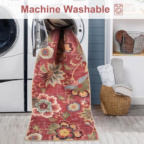 Beeiva Floral Washable Runners for Hallways Non Slip, 2x8 Red Long Hallway Runner Rugs with Rubber Backing, Ultra Thin Christmas Vintage Kitchen Rugs Non Skid for Entryway Bathoom (Red,2'x8') - color: Red, size: 2' x 8' (Rectangular)