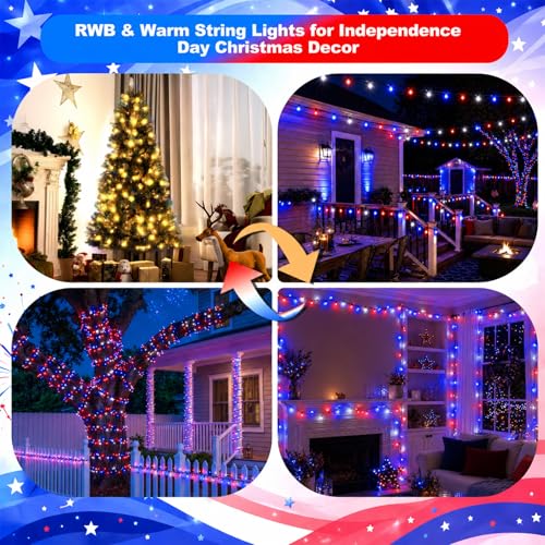 200LED Red White and Blue Lights, 20ft 4th of July Decorations Patriotic Lights Outdoor with 11 Modes 2 Festival Color, Solar String Lights Waterproof for Independence Day Christmas Decor, RWB & Warm - color: Red White Blue & Warm White, size: 200LED*1pc-