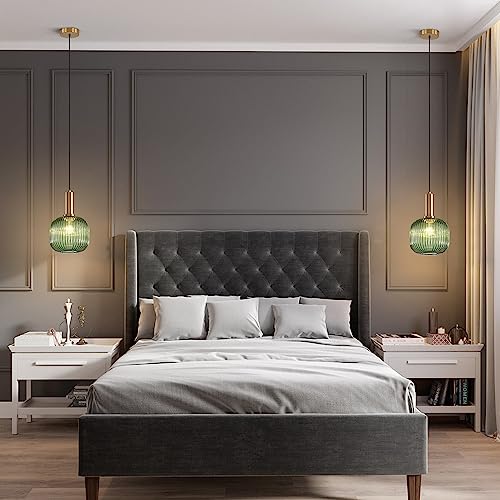 BOKT Mid Century Modern Green Glass Pendant Light Large Gold Globe Kitchen Island Pendant Light Fixture Minimalist Anti Brushed Brass Round Ceiling Hanging Pendant Lamp (7.9" Green) - color: Green