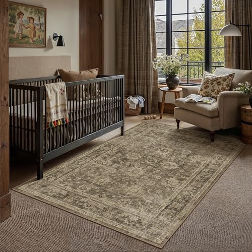 HUGEAR 3x5 Entryway Area Rug Brown Machine Washable Rug Room Decor Vintage Distressed Small Rugs Indoor Non Slip Low Pile Carpet for Kitchen Living Bedroom Soft Lightweight - color: A| Brown, size: 3' x 5' (Rectangular)