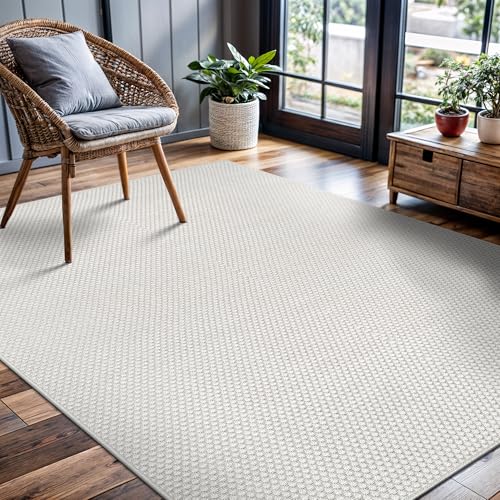 CAMILSON Easy Jute Rug 6x9, Indoor Outdoor Off-White Farmhouse Area Rugs for Living Room Patio and Kitchen Rug, Solid Woven Design, Easy-Cleaning, Washable Outside Carpet Alfombras (6 x 9) - color: Basketweave/Bone, size: 6' x 9' (Rectangular)
