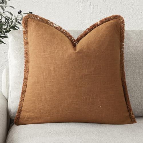 Foindtower Decorative Linen Fringe Throw Pillow Covers Cozy Boho Farmhouse Cushion Cover with Tassels Soft Accent Pillowcase for Chair Sofa Bed Living Room Home Decor, 16×16 Inch,1PC,Orange - color: Honey Ginder, size: 16" x 16" (Pack of 1)