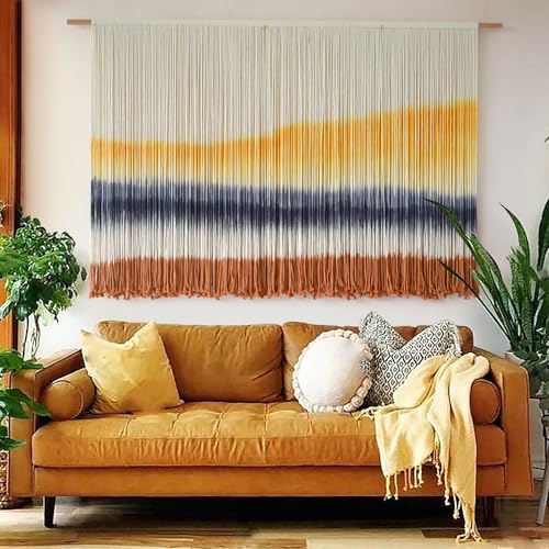 Flber Macrame Wall Hanging Extra Large Dip-Dyed Coastal Tapestry Boho Wall Decor for Living Room Bedroom Above Couch 57" W x 35" L - color: Yellow1