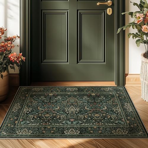 2x3 Floral Washable Area Rug for Living Room, Vintage Boho Rug for Bedroom Dining Room， Distressed Botanical Birds Non Slip Low Pile Forest Animal Throw Carpet for Farmhouse Office, Dark Green - color: Dark Green, size: 2' x 3' (Rectangular)