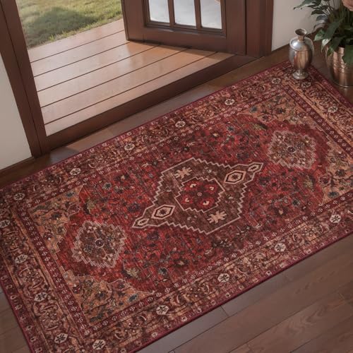 2x4 Washable Kitchen Rug Oriental Non Slip Small Rugs for Entryway Boho Front Door Mat Indoor Entrance, Vintage Print Throw Soft Low Pile Rugs Small Carpet for Entry Bedroom Bathroom Dark Red - color: Dark Red, size: 2' X 4' (Runner)