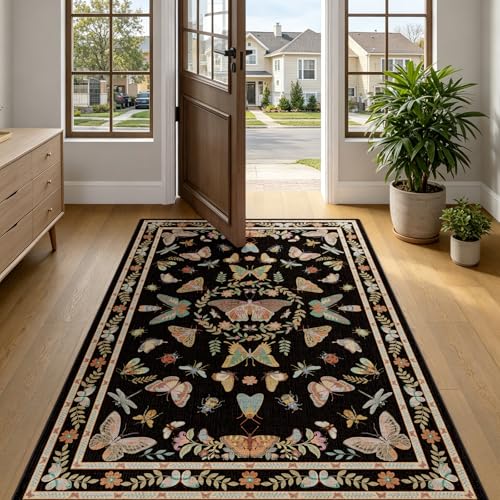 Unirea 3x5 Black Bedroom Entryway Kitchen Area Rug, Washable Non Slip Boho Insect Rug for Living Room, Bathroom, Home Office, Kids Room, Laundry Room, Soft Low Pile Insect Bug Rugs, Thin Carpet - color: Black, size: 3'x5'