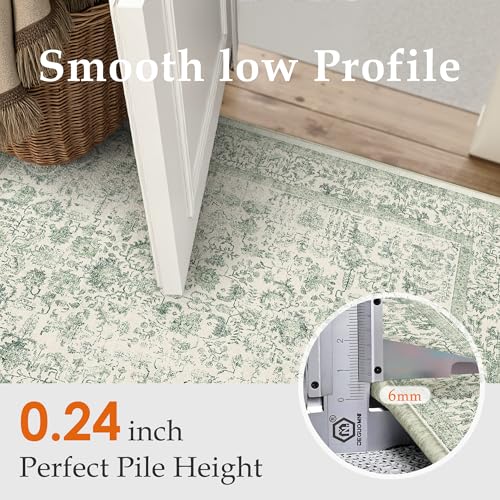 PureCozy Sage Green Area Rug 2x3 Washable Vintage Distressed Entryway Carpet Non Slip Neutral Door Mat Low Pile Retro Floral Farmhouse Accent Throw Small Rug for Bathroom Laundry Kitchen Dining Room - color: Accent Sage Green, size: 2' x 3' (Rectangular)