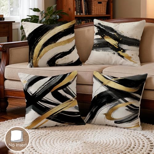 OBSEDE Abstract Black Gold Ink Brush Strokes Throw Pillow Covers 18 × 18 in, Set of 4, Couch Cushion Cases Inserts for Sofa Bed Living Room Home Decor, Single Side Print - color: Gold Ink Abstract Brushstrokes, size: 18" x 18" (Pack of 4)