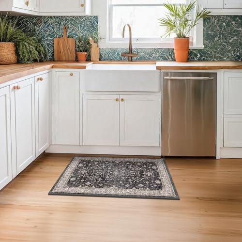 Black Washable 2x3 Entry Rug, Small Rugs for Entryway Kitchen Bathroom Door Mat Indoor Entrance, Non Slip Rubber Backing, Stain & Fade Resistant, Ashen Charcoal Floral Farmhouse Decor - color: Ashen / Multi, size: 2' x 3' (Rectangular)