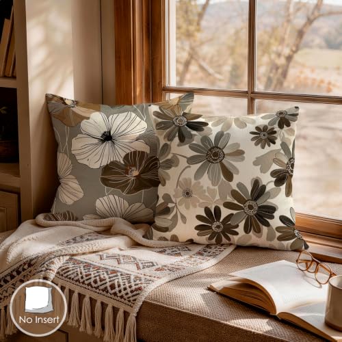 OBSEDE Neutral Boho Floral Throw Pillow Covers 18x18 Set of 4, Farmhouse Decor for Home Couch Sofa Living Room, Rustic Floral Decorative Cushion Cases - color: Neutral Boho Floral