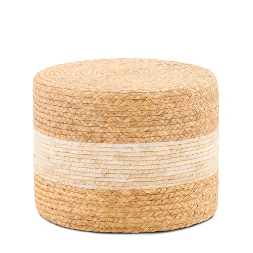 Handwoven Water Hyacinth Ottoman Pouf, Round Outdoor Footstool with Sturdy Frame, No Assembly Needed, Boho Accent Stool for Indoor & Outdoor Use – Patio, Balcony, Living Room (White) - color: White, size: 15.7"D x 15.7"W x 11.8"H