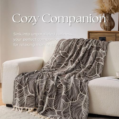 DOWN HOME Chenille Cotton Throw Blanket for Couch, Lightweight Boho Blanket for Bed Sofa Chair Living Room Outdoor Soft Woven Decorative Blanket with Tassel Gift Brown Leaves 60"x80" - color: Brown, size: 60"x80"
