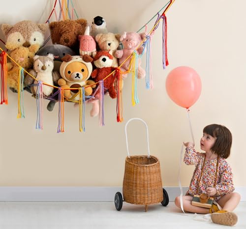 Stuffed Animal Hammock Corner Storage Net Cute Preppy Trendy Stuff Gifts for Teen Girls Baby Room Living Room House Wall Nursery Decor Rainbow Color Colorful Unicorn Hanging Organizers Organization - color: Rainbow, size: Standard(41.5"L x 55.2"W x 41.5"H