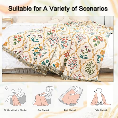 Boho Throw Blanket 60"x80", 100% Cotton Muslin Blankets for Couch Bed Sofa Chair, 4-Layer Soft Cozy Quilt Travel Blanket with Floral, Farmhouse Decor,All Seasons(White&Blue) - color: Lantern Grid