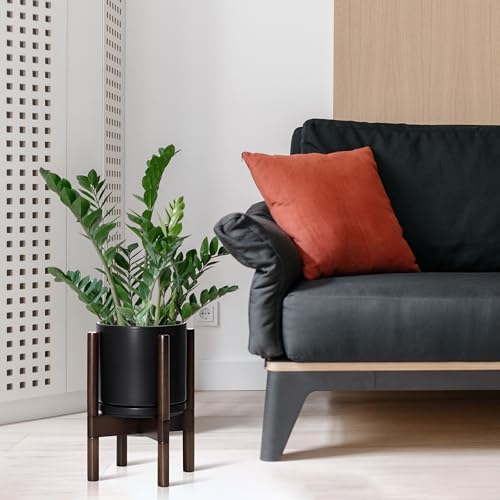 D'vine Dev Ceramic Planter with Walnut Color Stand - 8 Inch Modern Round Flower Pot with Wood Planter Holder, Black, 55-B-Y-2 - color: Black Pot + Walnut Color Stand, size: 8 Inch
