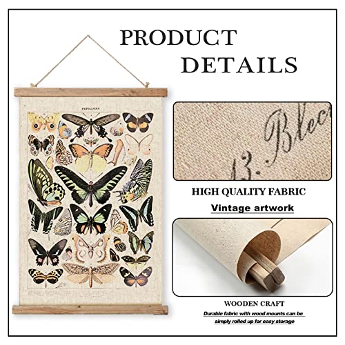 Vintage Butterflies Hanging Poster, Retro Style of Wall Art Prints, Printed on Linen with Wood Frames, Ready to Hang - color: Butterflies