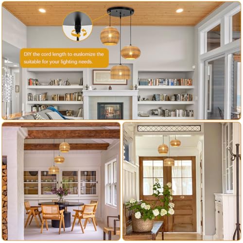 3-Light Chandelier Vintage Rattan Pendant Light Fixtures Hand Woven Boho Rattan Light Fixtures Ceiling Hanging, Farmhouse Chandelier for Dining Room Kitchen Island Bedroom - color: Large Rattan, 3-Light