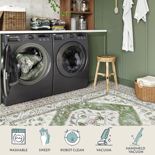 Lahome Boho Indoor Rugs for Entryway - 2x3 Area Rug Non-Slip Backing Washable Inside Door Mats Low-Profile Throw Rugs for Bathroom, Vintage Print Distressed Rug for Kitchen Bedside Adelyn Green - color: Green, size: 2' x 3' (Rectangular)