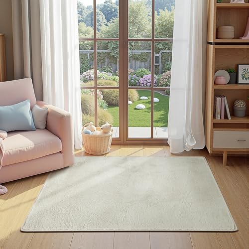 jinchan Solid Plush Area Rug 3x5 Performance Shaggy Washable Rug Indoor Soft Modern Faux Wool Cozy Non Slip Carpet for Living Room Kids Room Bedroom Dining Room Nursery Ivory - color: Solid Ivory, size: 3' x 5' (Rectangular)