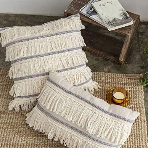 vctops Farmhouse Macrame Cotton Linen Lumbar Decorative Throw Pillow Cover with Long Tassels Boho Hand Woven Tufted Cushion Case for Bed Sofa Couch Bench Car,12x20 Inch,Beige B - color: Beige B, size: 20" x 12" (Pack of 1)